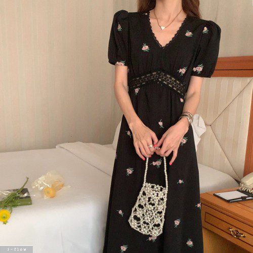 아리즈 플라워 자수 브이넥 퍼프 롱원피스 (블랙) 여름 봄 레이스 슬림 A라인 제이플로우