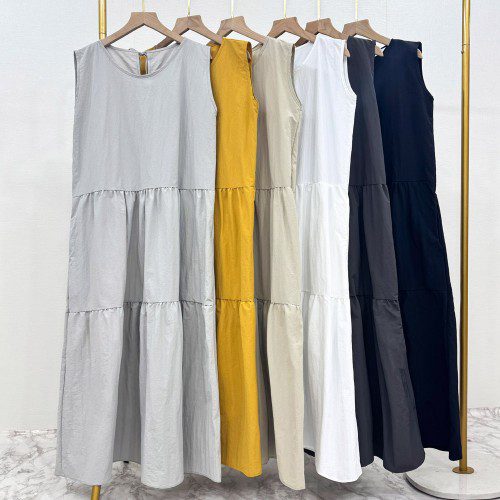 셔링 뒷리본 바스락 원피스 캉캉 민소매 빅사이즈 여름 롱원피스 레이어드 휴양지 블랙