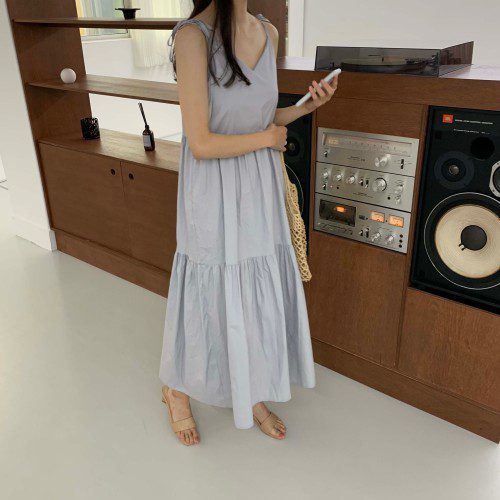 세라 브이넥 여름 민소매 롱 원피스 나시 뷔스티에