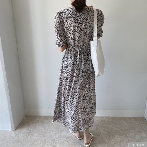 브이넥 호피 레오파드 롱 원피스 (아이보리,그린) 봄 여름 플라워 쉬폰 벨트 맥시 퍼프
