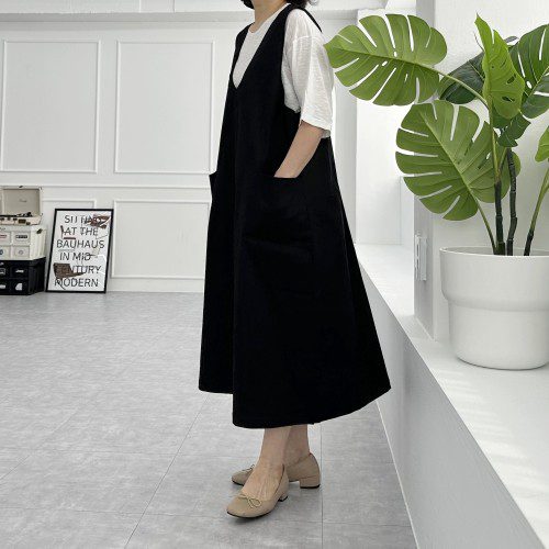 빅사이즈 자체제작 99-130 스판 V넥 베스트 롱 원피스 뷔스티에 조끼 레이어드 블랙