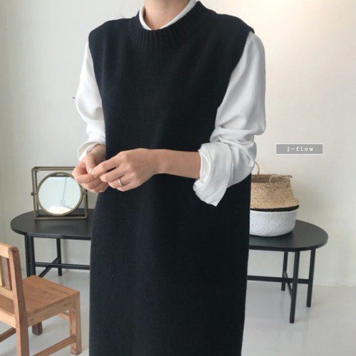 니트 베스트 롱 원피스 2color 가을 겨울 조끼 맥시 루즈핏 레이어드