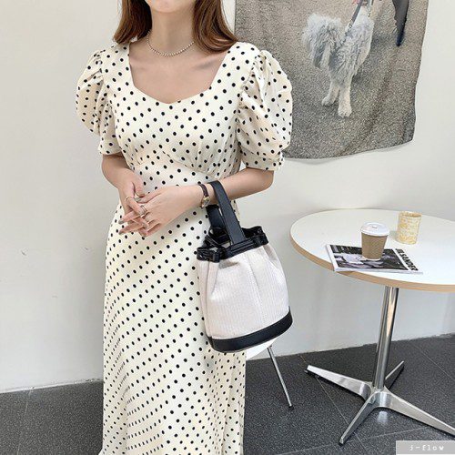 어나더 도트 스퀘어넥 퍼프 롱원피스 2color 여름 브이넥 콩단추 슬림라인 제이플로우