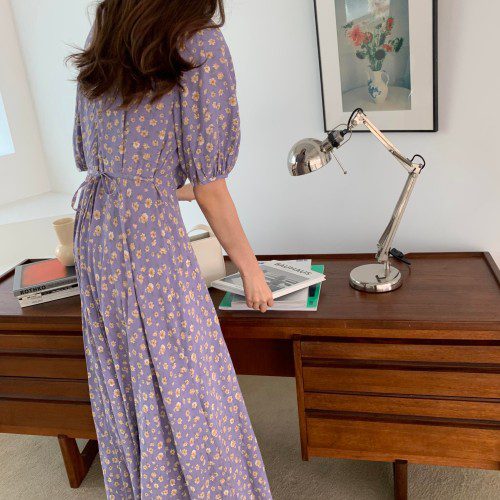 키치 봄 여름 반팔 라운드넥 소매퍼프 꽃무늬 허리끈 맥시 빅사이즈 롱원피스(바이올렛)