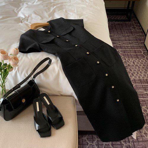 [투데이pick 특가] 포켓 버튼 트위드 H라인 롱 반팔 원피스 op16035