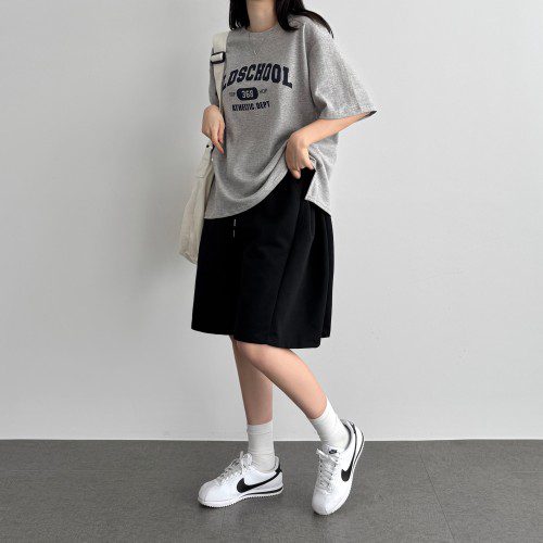 와이드 버뮤다 팬츠 5부 여성 반바지 밴딩 와이드 팬츠 블랙, FREE(One size)