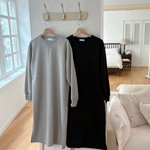 기모 캐주얼 면 라운드 루즈핏 맨투맨 긴팔 롱 원피스 가을 빅사이즈 원피스 여성 H라인 데일리룩