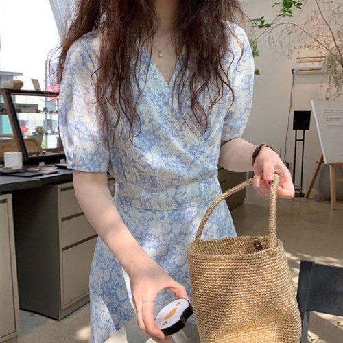 수국 잔꽃무늬 플라워 패턴 랩 브이넥 반팔 소매 쉬폰 플레어 데이지 랩스타일 롱 원피스