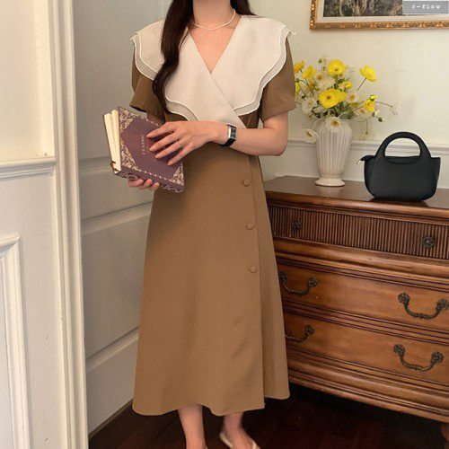 오브리 빅물결 카라 실키 버튼 롱원피스 3col 여름 봄 쉬폰 허리끈 하객 모임 제이플로우