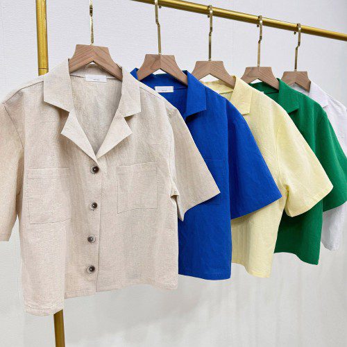여성 린넨 셔츠 여름 남방 반팔 세미 크롭 셔츠 블라우스 노란 코발트블루 화이트 베이지