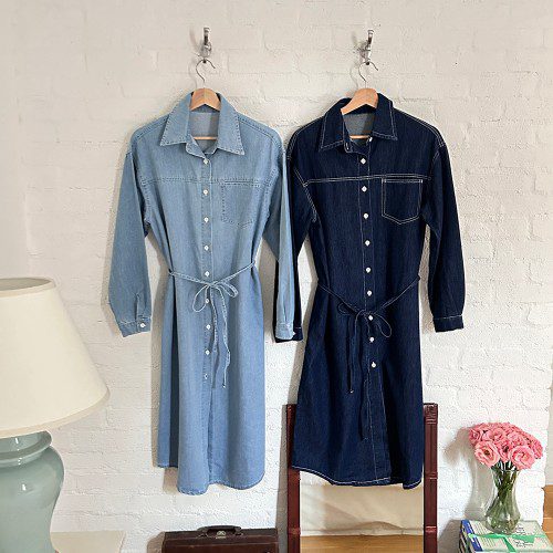 루즈핏 카라 데님 청 셔츠형 롱 원피스 여성 가을 원피스 레이어드 a라인 연청 진청