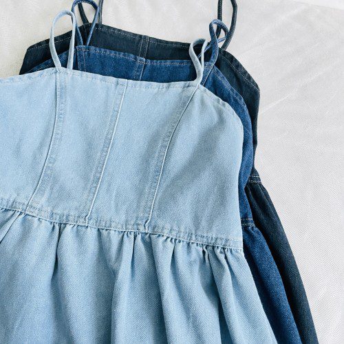 데님뷔스티에원피스 스모크밴딩 스퀘어넥 휴양지 바캉스룩 롱원피스