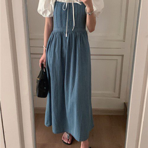 브레드 스퀘어넥 데님 스모크 밴딩 나시 뷔스티에 A라인 플레어 청 롱 원피스