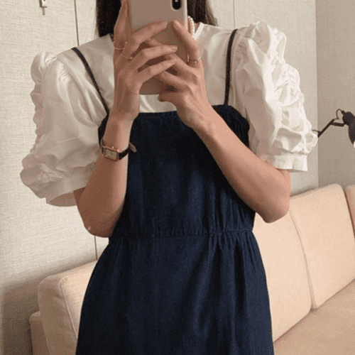 일자핏 데님 원피스 서스펜더 여성 뷔스티에 원피스 미디 멜빵