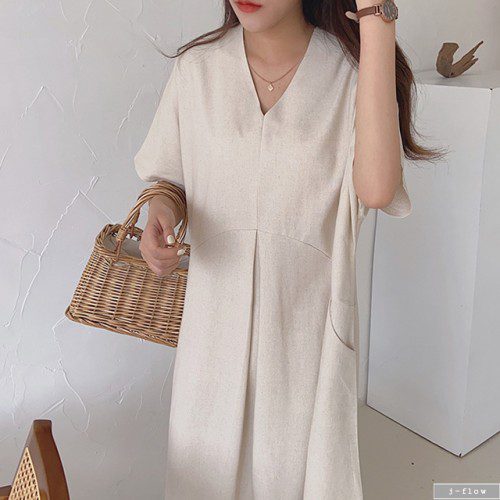 린넨 브이넥 루즈핏 롱 원피스 (아이보리,핑크,블랙) 여름 반팔 빅사이즈 데일리 맥시