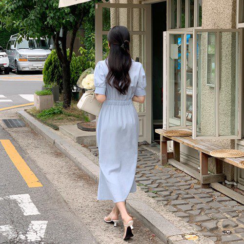 (린넨20%핏보장) 쉘러 오픈카라 퍼프 소매 뒷밴딩 머메이드 반팔 롱 원피스 op15763