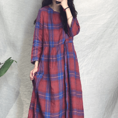 하마마스 린넨 체크 셔링 롱원피스