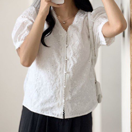아일렛 블라우스 펀칭 자수 레이스 여름 반팔 출근룩 흰색, XL