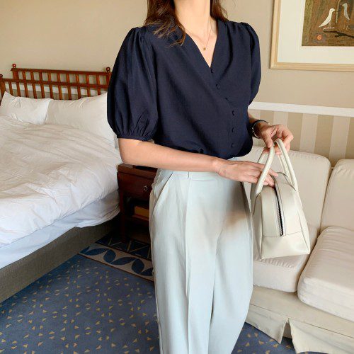 귀여운 벌룬 여자 반팔 블라우스 브이넥 여성 여름 블라우스 퍼프 블라우스