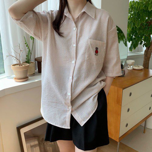 여성 반팔 셔츠 여름 남방 지지미 시어서커 여름 블라우스 오버핏 스트라이프 셔츠 블루