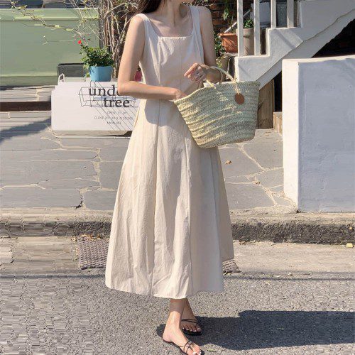 블랑크 핀턱 썸머 나시 플레어 스퀘어넥 A라인 뷔스티에 여름 민소매 롱 원피스