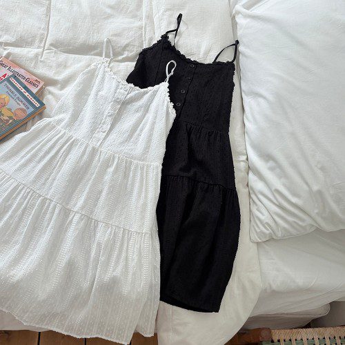 펀칭 끈 나시 원피스 플라워 뷔스티에 미디 화이트 블랙 여성 여름원피스 휴양지 바캉스룩