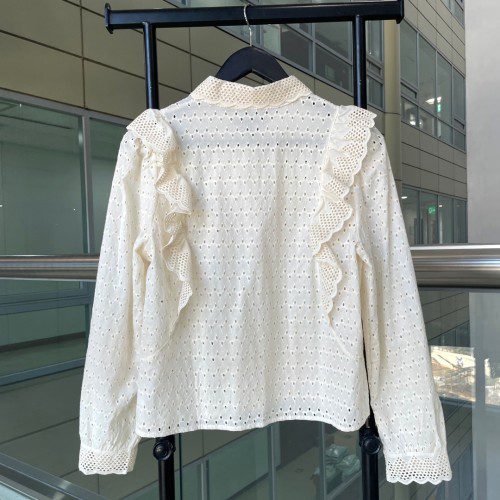 진주단추 양프릴 펀칭블라우스 코튼 카라긴팔블라우스 심플 베이직컬러 여자여자몰