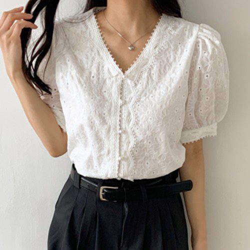 아일렛 블라우스 펀칭 자수 레이스 여름 반팔 출근룩 흰색, FREE(One size)