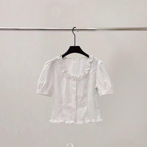 로이지 프릴 퍼프 코튼 블라우스 (1color) 반팔 여름 레이스 펀칭 러플