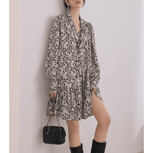 꽃무늬 쉬폰 블랙미니원피스 타이 리본 키작녀 원피스 40대 결혼식 하객룩