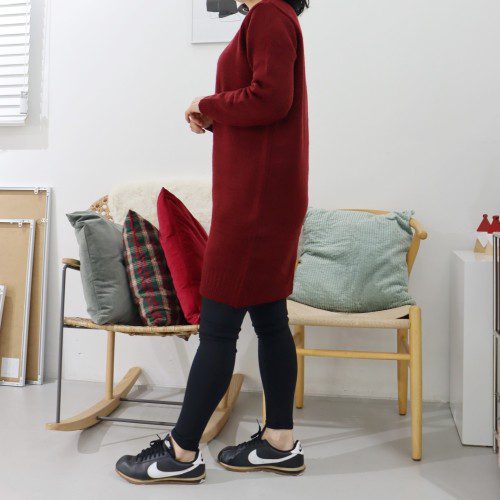 퐁신 브이넥 울 니트 원피스 롱 티셔츠 미니 원피스 베이지 다크 브라운 버건디 니트09