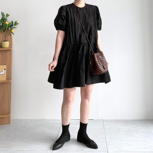 반팔 핀턱원피스 바스락 퍼프 미니원피스 키작녀원피스