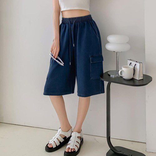 옷자락 여자 여름 데님버뮤다팬츠 와이드 건빵 밴딩 청반바지