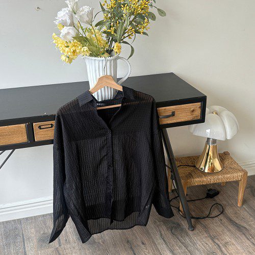 소프트 촉감 시스루 포켓 여성 스트라이프 셔츠 블라우스 봄 여자 셔츠 면 블루 하늘색