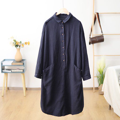 하마마스 반오픈 린넨 롱셔츠 원피스