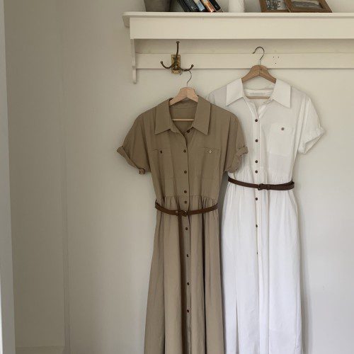 헤이즐 여름 클래식 코튼 반팔 카라 셔츠 벨트 버튼 단추 플레어 A라인 롱 원피스