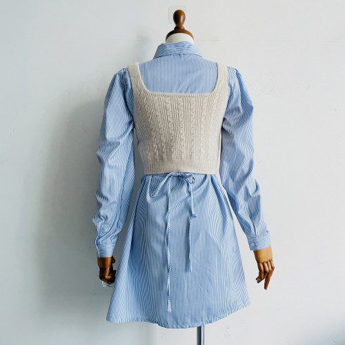 셔츠원피스 키작녀 미니 스트라이프 카라 셔링 여성 원피스