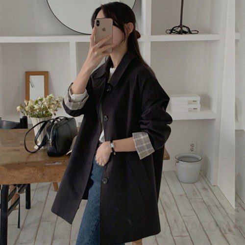 여성 루즈핏 싱글버튼 카라넥 중장 트렌치 코트 점퍼 재킷 봄 간절기 아우터