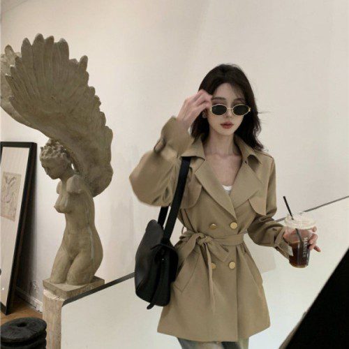 여성 봄 가을 더블 버튼 벨티드 숏 트렌치 코트 자켓 하객룩 블랙 카멜 카키