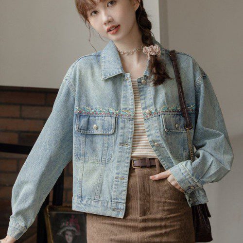 자수 포인트 루즈핏 여성 데님 청자켓 간절기 봄 가을 아우터 연청 아이보리