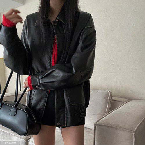 테리즈 워싱 레더 오버핏 카라넥 가죽 자켓 2col 봄 가을 점퍼 pu 박시 제이플로우