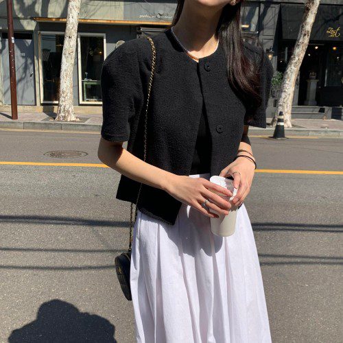 디어 마리즈 노카라 퍼프 트위드 자켓 반팔 크롭 루즈핏 여름 여성 트위드 재킷