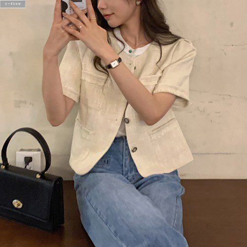 쿠타 수술 트위드 노카라 여름 자켓 2col 크롭 퍼프 하객 모임 앤티크 버튼 제이플로우