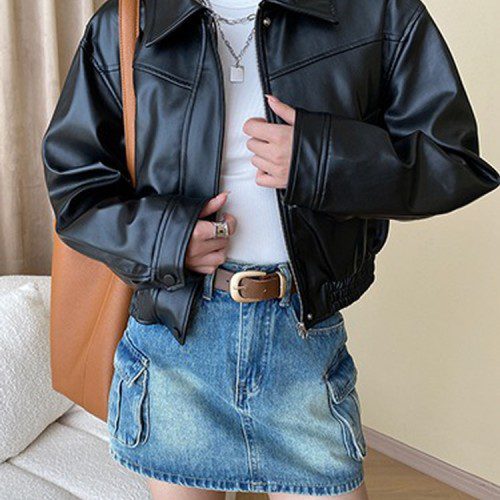 여자 숏 레더 가죽점퍼 가을 데일리 가죽자켓코디 나비올라