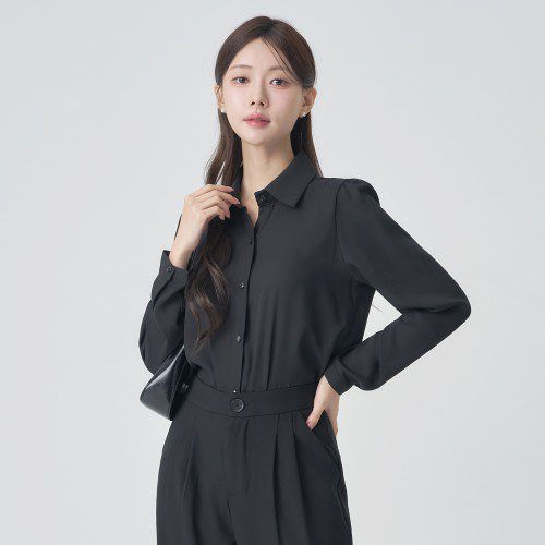 쉬폰블라우스 긴팔 기본 화이트 블라우스 핑크 흰 검정 여성 정장 셔츠 [퍼프]