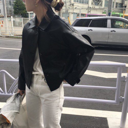 메드 가을 베이직 무광 숏카라 가죽 레더 라이더 자켓 루즈핏 카라넥 여성 가죽재킷(블랙)