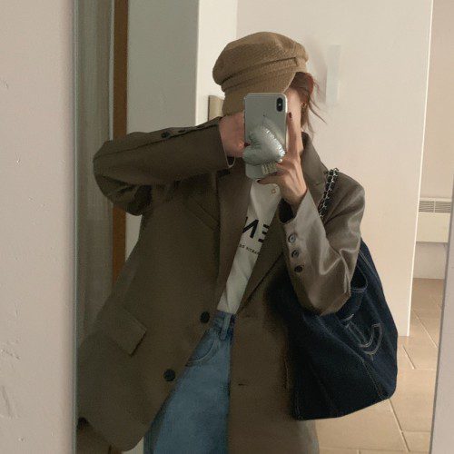 윈디 간절기 봄 루즈핏 카라넥 여성 하프 포켓 가죽 레더 싱글 자켓