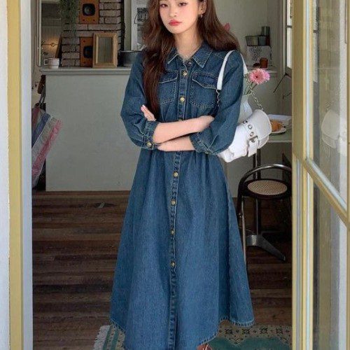 여자 봄 가을 데일리 카라 데님 원피스 A라인 7부소매 미디 롱 청원피스 버튼 루즈핏 드레스 다양한 사이즈 4858