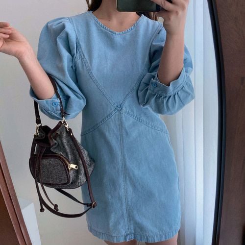 A라인 퍼프 데님 청 미니 원피스 / 연청 진청 봄 여름
