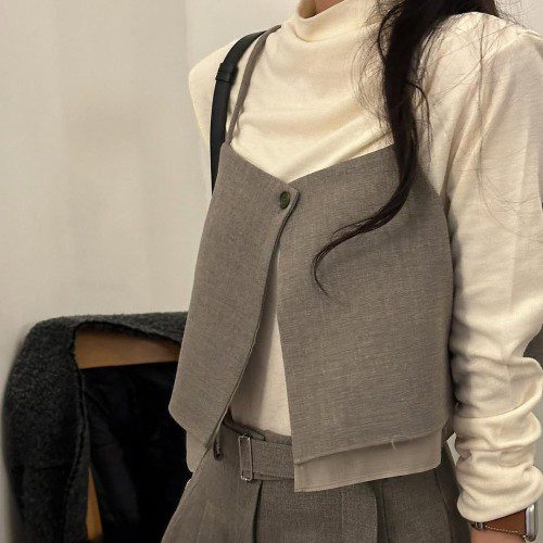 브롬 여성 겨울 기모 레이어드 이너 크롭 레이스 뒷트임 뷔스티에 조끼